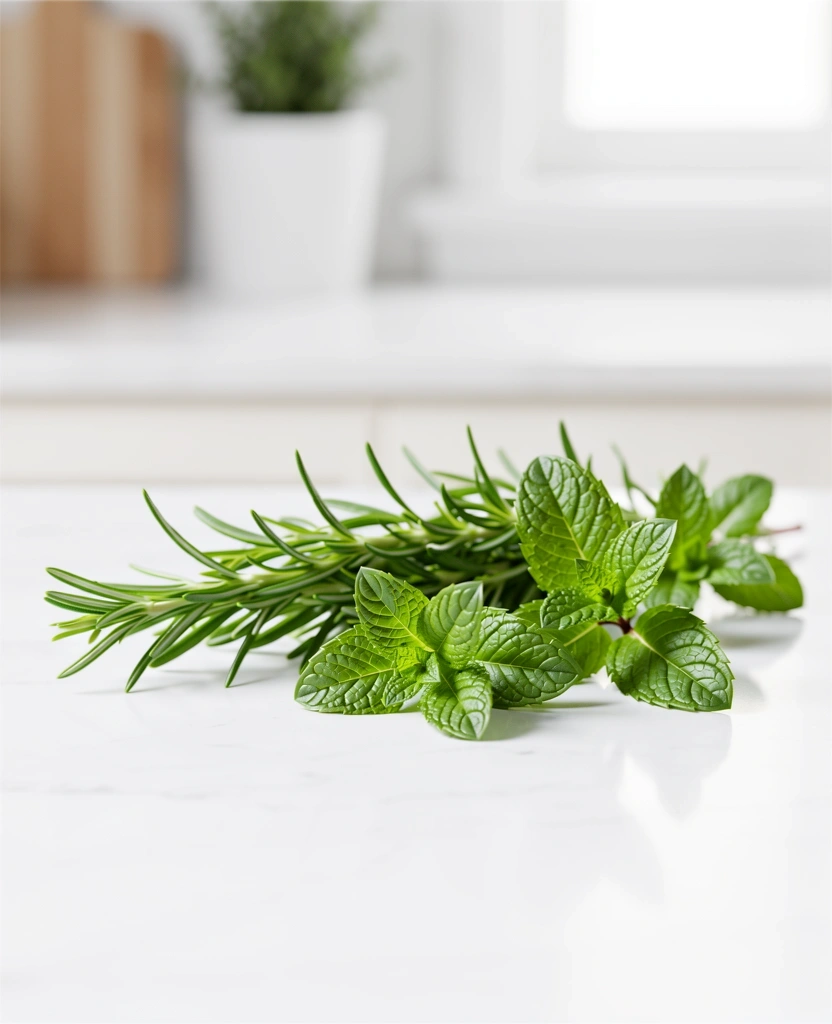 Friss fűszernövények és letisztult konyhai környezet